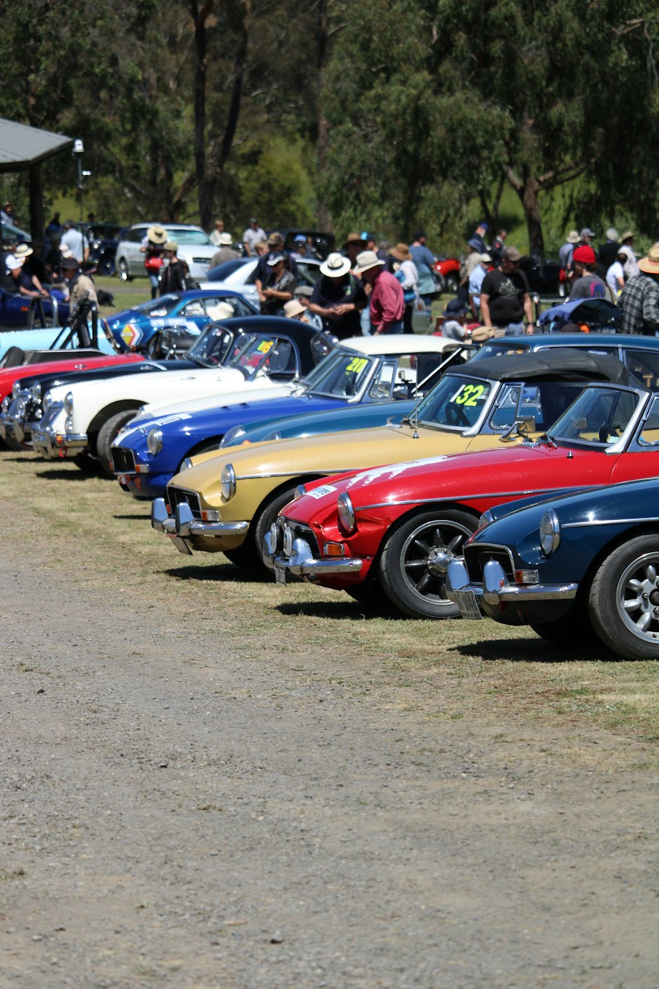 Colorful classic sports cars parked on a sunny field at a car show.